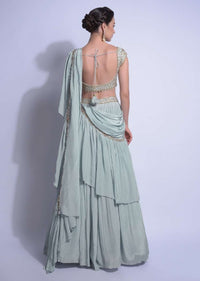 Sky Blue Lehenga With Ready Stitched Ruffle Pallu And Embellished Crop Top Online - Kalki Fashion