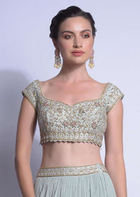 Sky Blue Lehenga With Ready Stitched Ruffle Pallu And Embellished Crop Top Online - Kalki Fashion