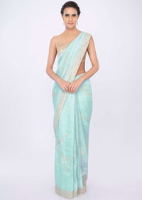 Sky blue linen saree in floral jaal embroidery only on kalki