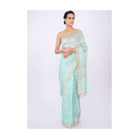 Sky blue linen saree in floral jaal embroidery only on kalki