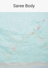 Sky blue linen saree in floral jaal embroidery only on kalki