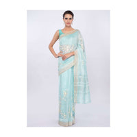 Sky blue linen saree in sequins and cut dana embroidery only on Kalki