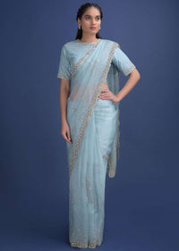Sky Blue Saree Embellished With Sequins, Cut Dana, Beads And Stones Online - Kalki Fashion