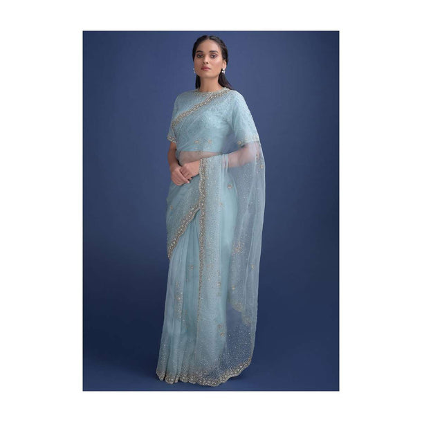 Sky Blue Saree Embellished With Sequins, Cut Dana, Beads And Stones Online - Kalki Fashion