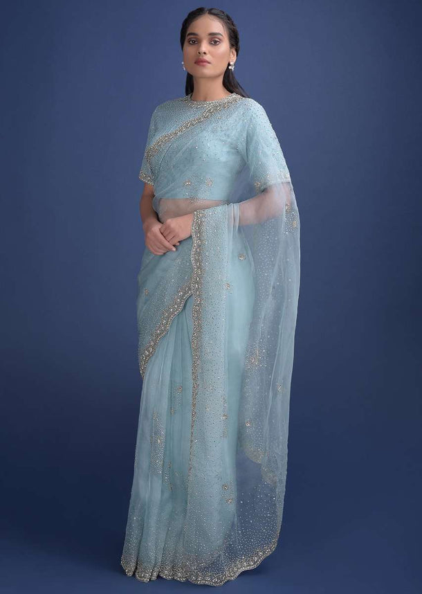 Sky Blue Saree Embellished With Sequins, Cut Dana, Beads And Stones Online - Kalki Fashion