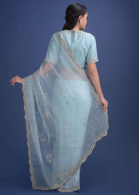 Sky Blue Saree Embellished With Sequins, Cut Dana, Beads And Stones Online - Kalki Fashion