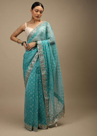 Sky Blue Saree In Organza With Bandhani Print In Floral And Geometric Motifs Along With Gotta Patti Accented Border