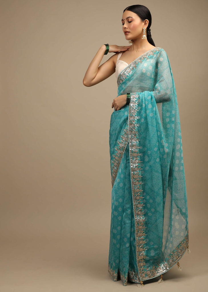 Sky Blue Saree In Organza With Bandhani Print In Floral And Geometric Motifs Along With Gotta Patti Accented Border