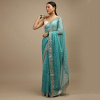 Sky Blue Saree In Organza With Bandhani Print In Floral And Geometric Motifs Along With Gotta Patti Accented Border