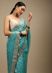 Sky Blue Saree In Organza With Bandhani Print In Floral And Geometric Motifs Along With Gotta Patti Accented Border