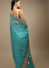 Sky Blue Saree In Organza With Bandhani Print In Floral And Geometric Motifs Along With Gotta Patti Accented Border