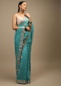 Sky Blue Saree In Organza With Bandhani Print In Floral And Geometric Motifs Along With Gotta Patti Accented Border