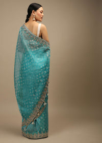 Sky Blue Saree In Organza With Bandhani Print In Floral And Geometric Motifs Along With Gotta Patti Accented Border