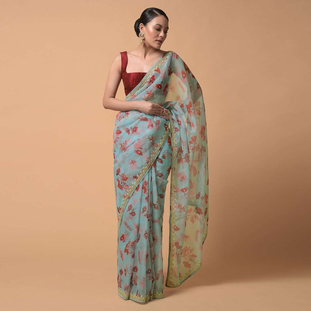 Sky Blue Saree In Organza With Floral Print And Moti Accents