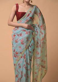 Sky Blue Saree In Organza With Floral Print And Moti Accents