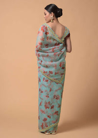 Sky Blue Saree In Organza With Floral Print And Moti Accents