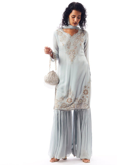 Sky Blue Sharara Set With Pakistani Style Notched Neckline