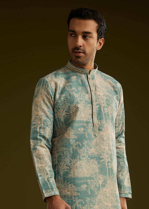 Sky Blue Silk Printed Kurta Set With Tree Motifs