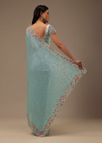 Sky Blue Sequins Fabricated Saree With 3D Embroidery