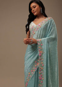 Sky Blue Sequins Fabricated Saree With 3D Embroidery