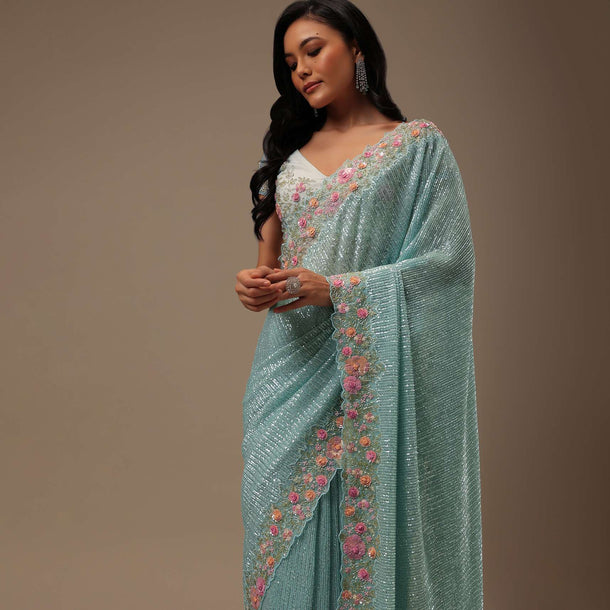 Sky Blue Sequins Fabricated Saree With 3D Embroidery