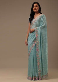 Sky Blue Sequins Fabricated Saree With 3D Embroidery