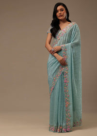 Sky Blue Sequins Fabricated Saree With 3D Embroidery