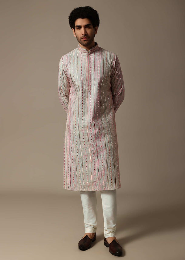 Sky Blue Abla Work Silk Kurta Set For Men