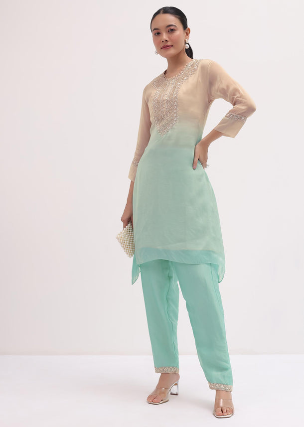 Sky Blue And Beige Embroidered Kurta Pant