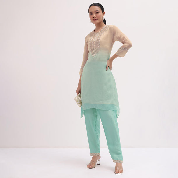 Sky Blue And Beige Embroidered Kurta Pant