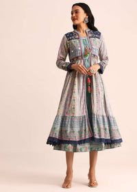 Sky Blue And Blue Embroidered Cotton Kurti And Jacket