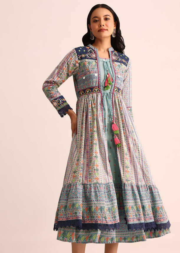 Sky Blue And Blue Embroidered Cotton Kurti And Jacket