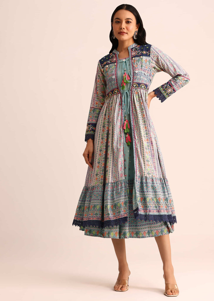 Sky Blue And Blue Embroidered Cotton Kurti And Jacket