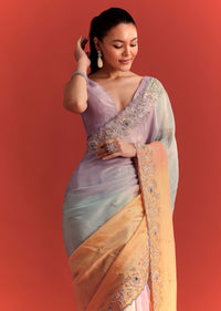 Sky Blue And Orange Shaded Crepe Silk Saree With Cutdana Embellishment