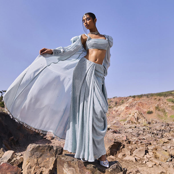 Sky Blue Back Open Blouse With Draped Skirt And Puff Jacket