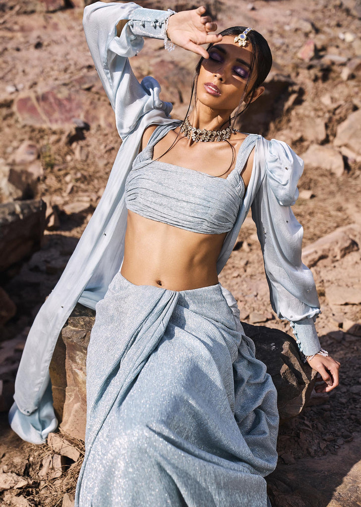 Sky Blue Back Open Blouse With Draped Skirt And Puff Jacket