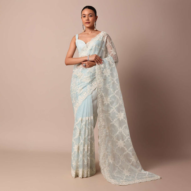 Sky Blue Chikankari Saree In Organza Silk With Floral Jaal Detail And Unstitched Blouse Fabric