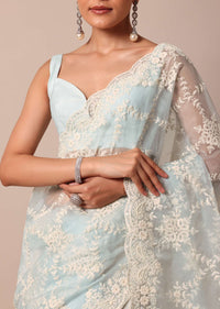 Sky Blue Chikankari Saree In Organza Silk With Floral Jaal Detail And Unstitched Blouse Fabric