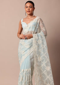 Sky Blue Chikankari Saree In Organza Silk With Floral Jaal Detail And Unstitched Blouse Fabric