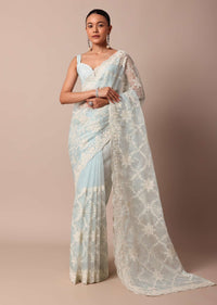 Sky Blue Chikankari Saree In Organza Silk With Floral Jaal Detail And Unstitched Blouse Fabric