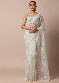 Sky Blue Chikankari Saree In Organza Silk With Scallop Border And Unstitched Blouse Fabric