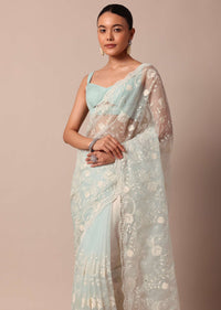 Sky Blue Chikankari Saree In Organza Silk With Scallop Border And Unstitched Blouse Fabric