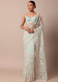 Sky Blue Chikankari Saree In Organza Silk With Scallop Border And Unstitched Blouse Fabric