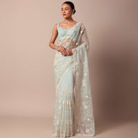 Sky Blue Chikankari Saree In Organza Silk With Scallop Border And Unstitched Blouse Fabric