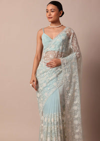 Sky Blue Chikankari Silk Organza Saree With Floral Thread Jaal Detail And Unstitched Blouse Fabric