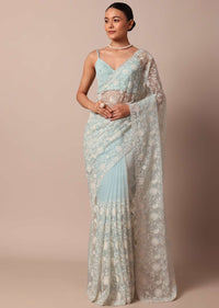 Sky Blue Chikankari Silk Organza Saree With Floral Thread Jaal Detail And Unstitched Blouse Fabric