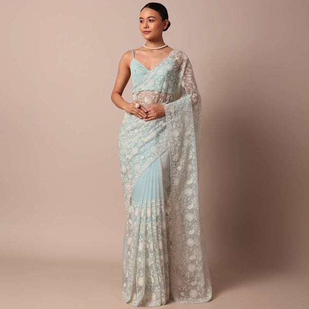 Sky Blue Chikankari Silk Organza Saree With Floral Thread Jaal Detail And Unstitched Blouse Fabric