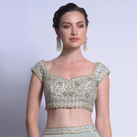 Sky Blue Crop Top With Zardosi And French Knots Embroidered Floral Jaal