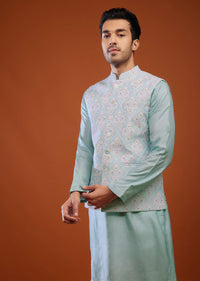 Powder Blue Embroidered Bandi Jacket Set In Silk