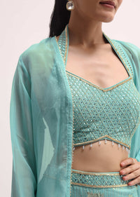 Sky Blue Embroidered Sharara Set With Jacket